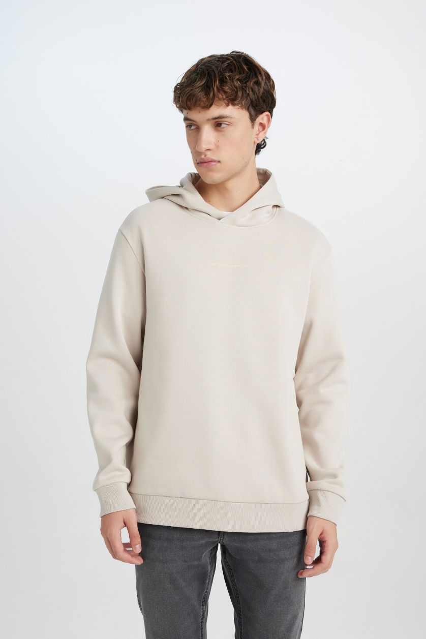 رجالي اللون الحجري هودي مطبوع قصة عادية