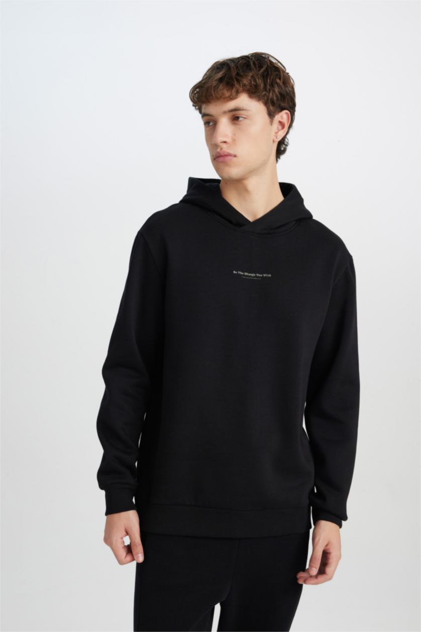 رجالي أسود سويت شيرت مطبوع قصة عادية بكابيشون