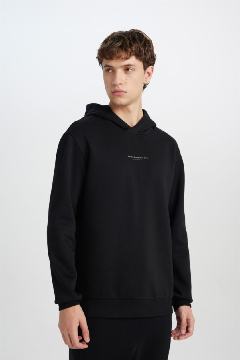 رجالي أسود سويت شيرت مطبوع قصة عادية بكابيشون