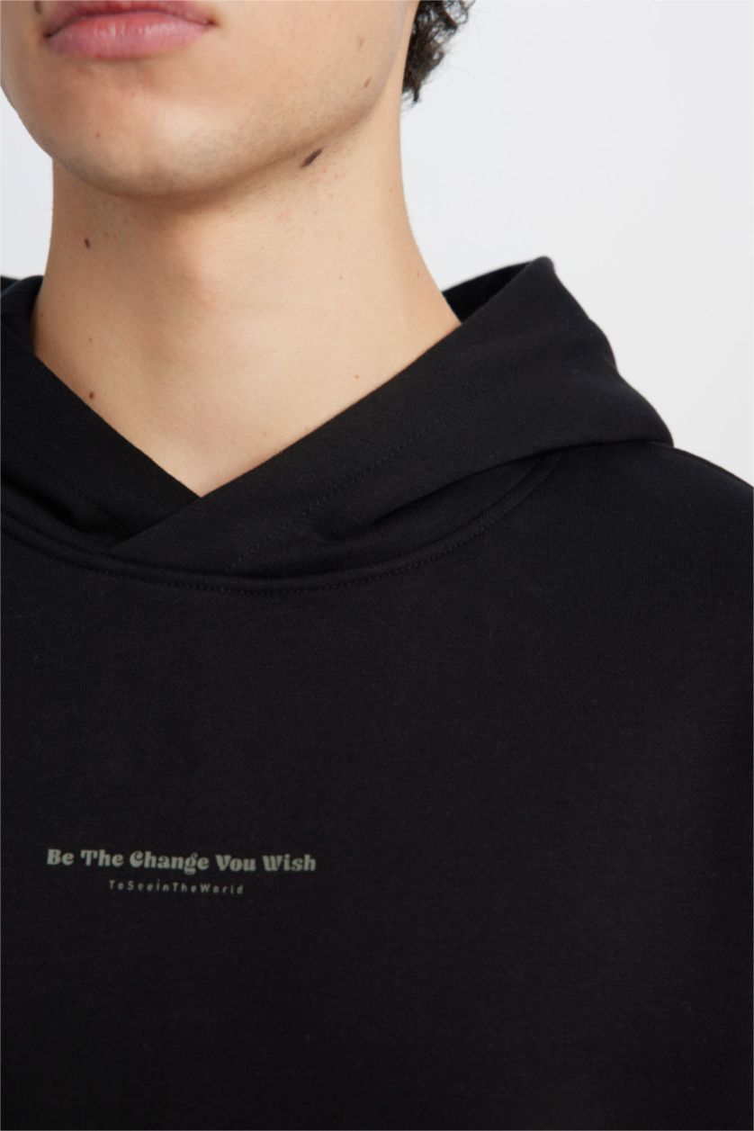 رجالي أسود سويت شيرت مطبوع قصة عادية بكابيشون