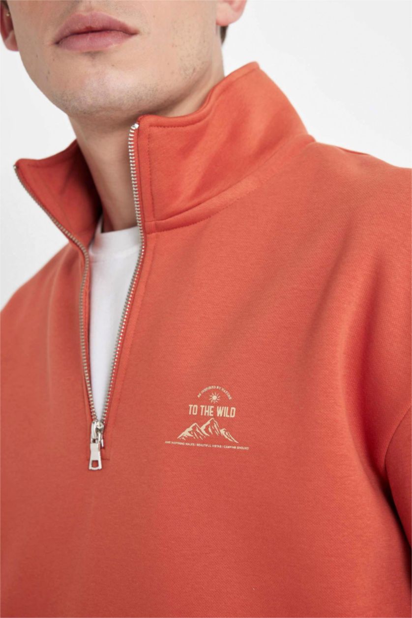 Erkek Somon Comfort Regular Fit Rahat Kalıp Fermuarlı Dik Yaka Baskılı Sweatshirt