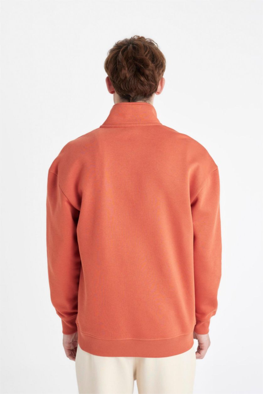 Erkek Somon Comfort Regular Fit Rahat Kalıp Fermuarlı Dik Yaka Baskılı Sweatshirt