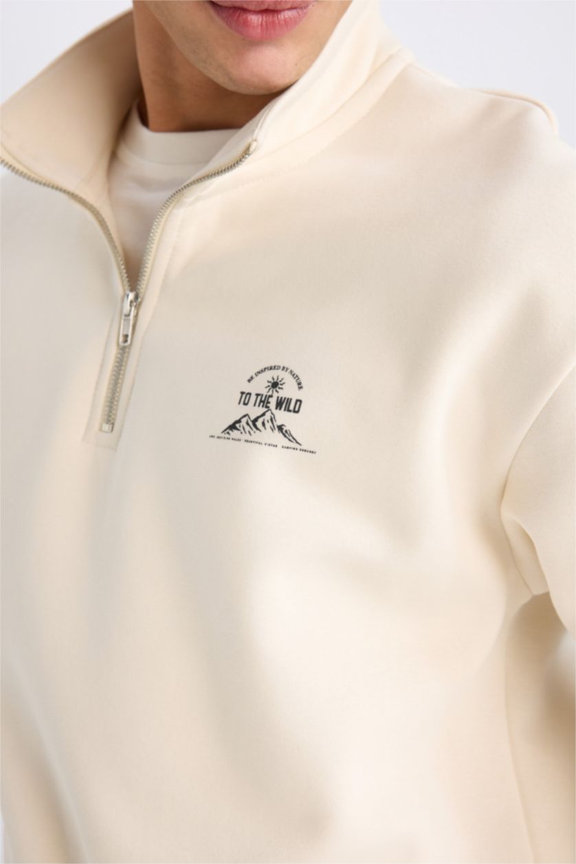 Erkek Kum Comfort Regular Fit Rahat Kalıp Fermuarlı Dik Yaka Baskılı Sweatshirt