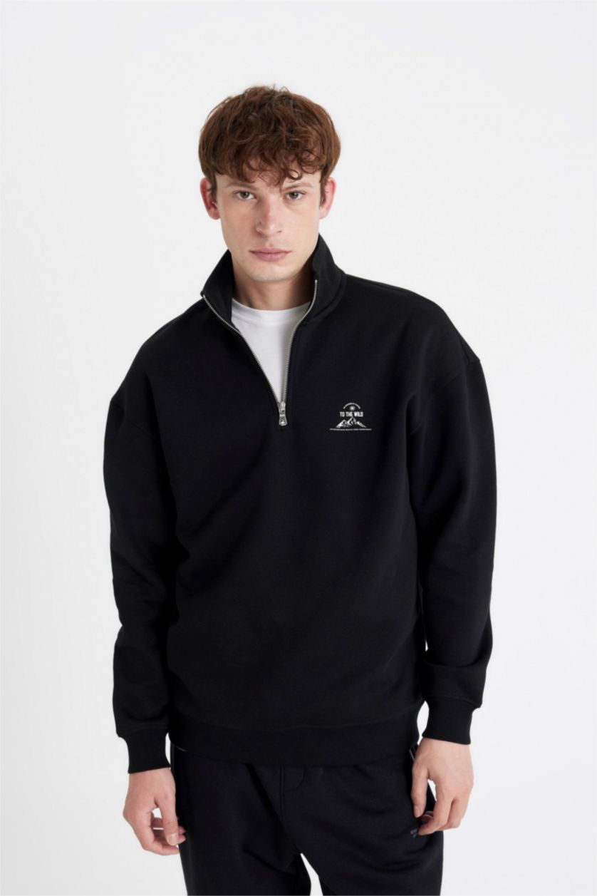 Erkek Siyah Comfort Regular Fit Rahat Kalıp Fermuarlı Dik Yaka Baskılı Sweatshirt