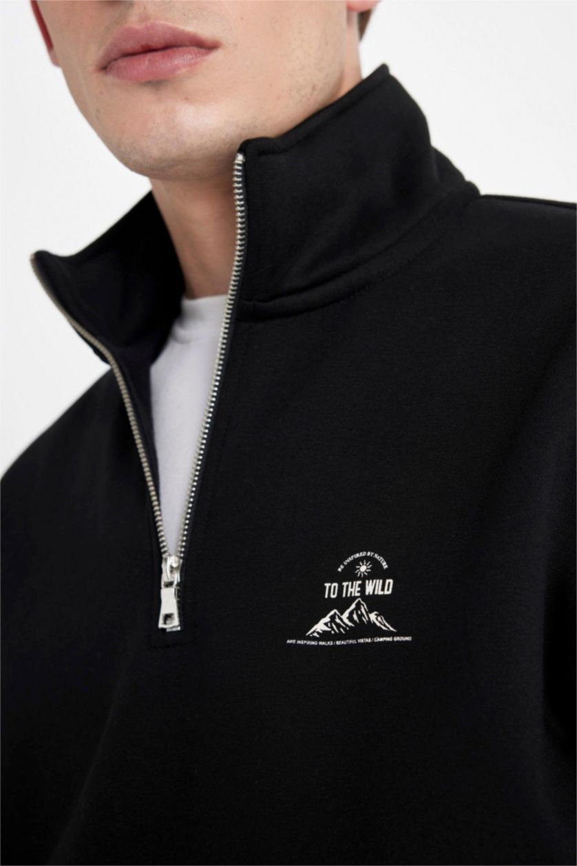Erkek Siyah Comfort Regular Fit Rahat Kalıp Fermuarlı Dik Yaka Baskılı Sweatshirt