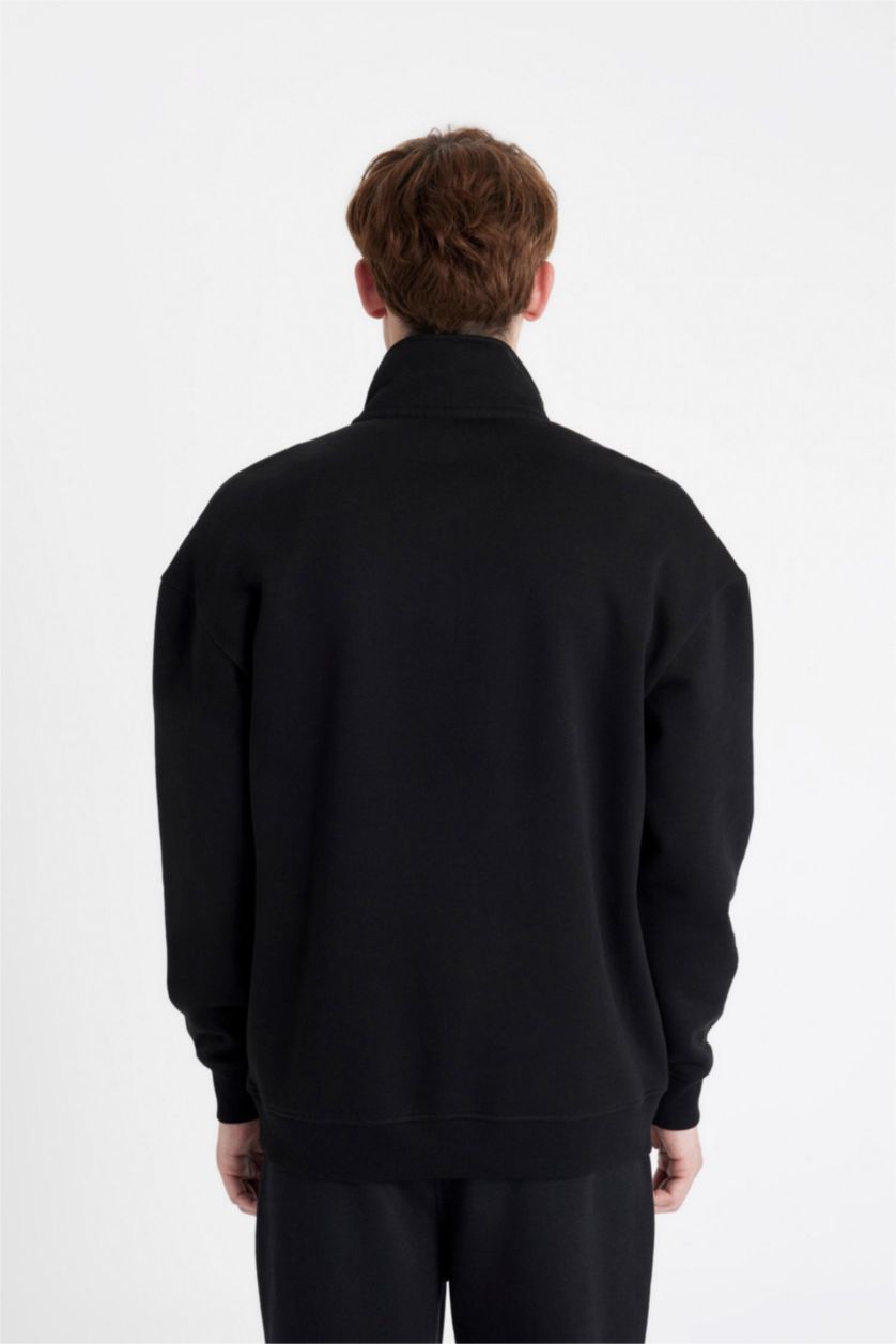 Erkek Siyah Comfort Regular Fit Rahat Kalıp Fermuarlı Dik Yaka Baskılı Sweatshirt