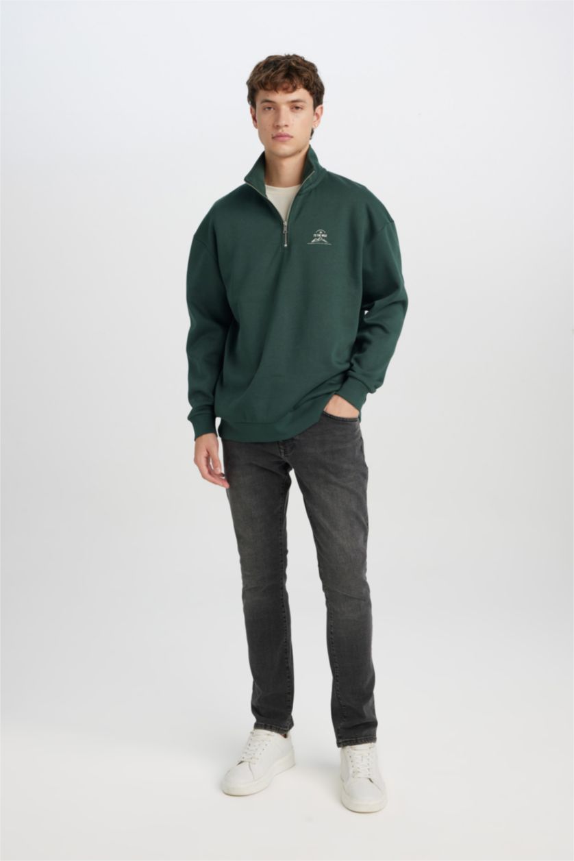 Erkek Koyu Yeşil Comfort Regular Fit Rahat Kalıp Fermuarlı Dik Yaka Baskılı Sweatshirt