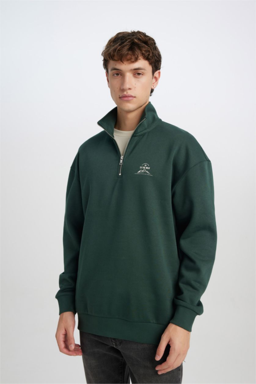Erkek Koyu Yeşil Comfort Regular Fit Rahat Kalıp Fermuarlı Dik Yaka Baskılı Sweatshirt