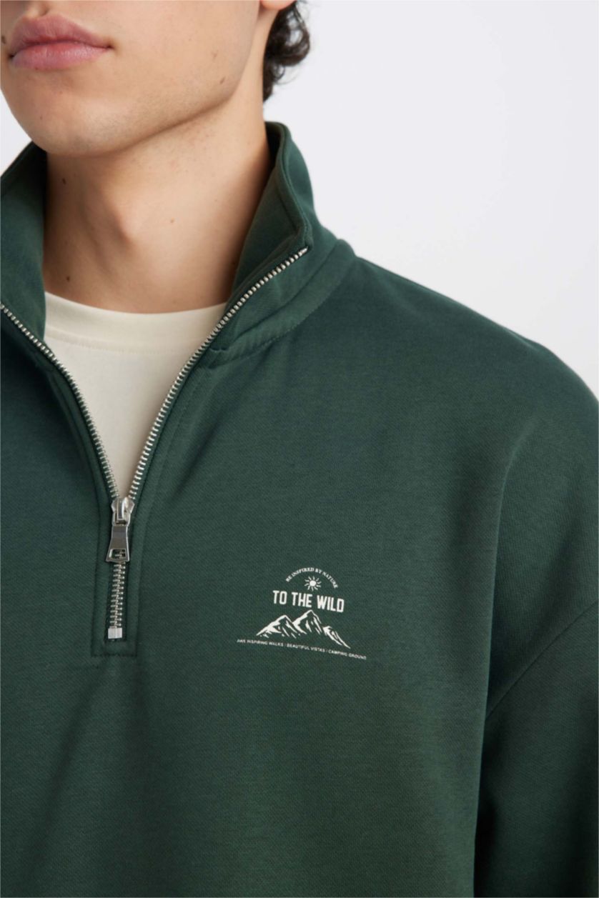Erkek Koyu Yeşil Comfort Regular Fit Rahat Kalıp Fermuarlı Dik Yaka Baskılı Sweatshirt
