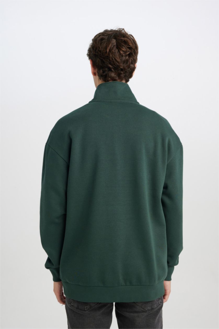Erkek Koyu Yeşil Comfort Regular Fit Rahat Kalıp Fermuarlı Dik Yaka Baskılı Sweatshirt