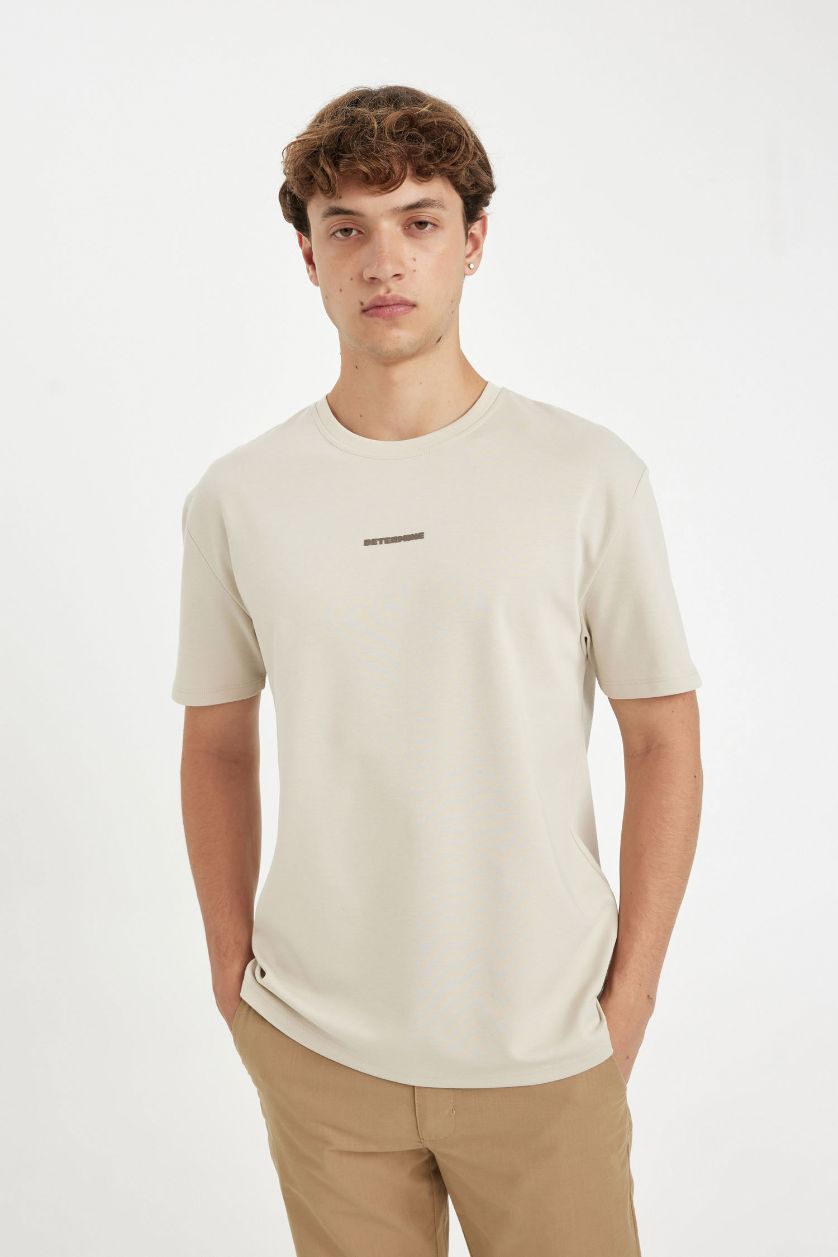 Erkek Ekru Regular Fit Bisiklet Yaka Baskılı Ağır Kumaş Kısa Kollu Tişört
