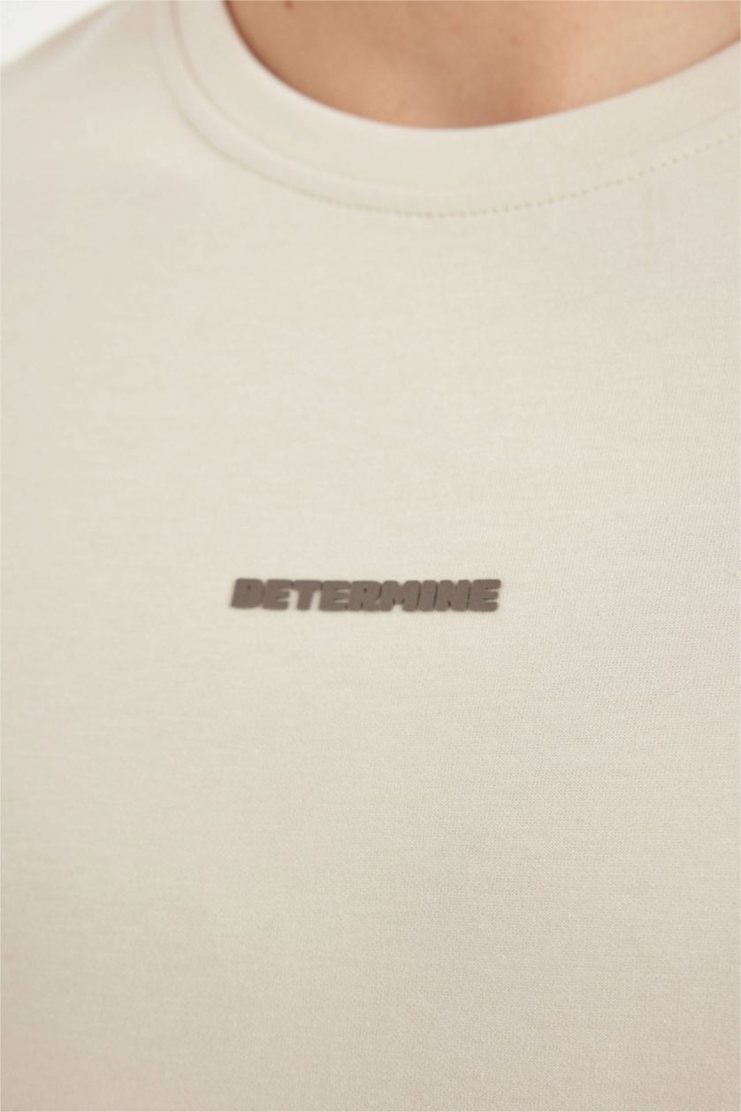 Erkek Ekru Regular Fit Bisiklet Yaka Baskılı Ağır Kumaş Kısa Kollu Tişört