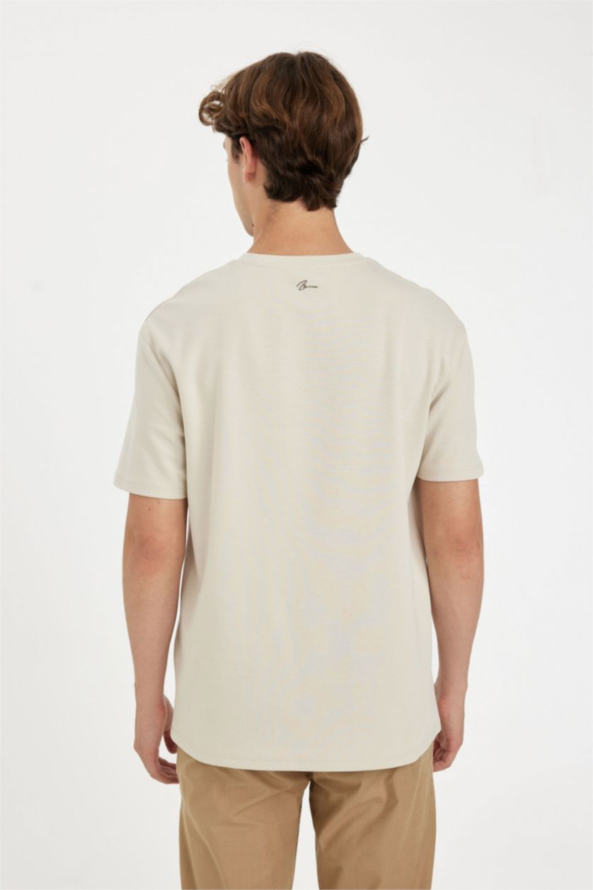 Erkek Ekru Regular Fit Bisiklet Yaka Baskılı Ağır Kumaş Kısa Kollu Tişört
