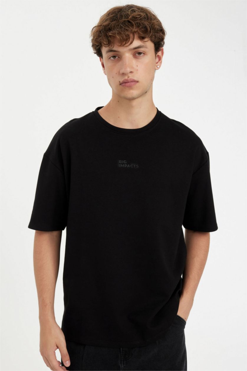 Erkek Siyah Comfort Regular Fit Rahat Kesim Bisiklet Yaka Ağır Kumaş Kısa Kollu Siyah Tişört