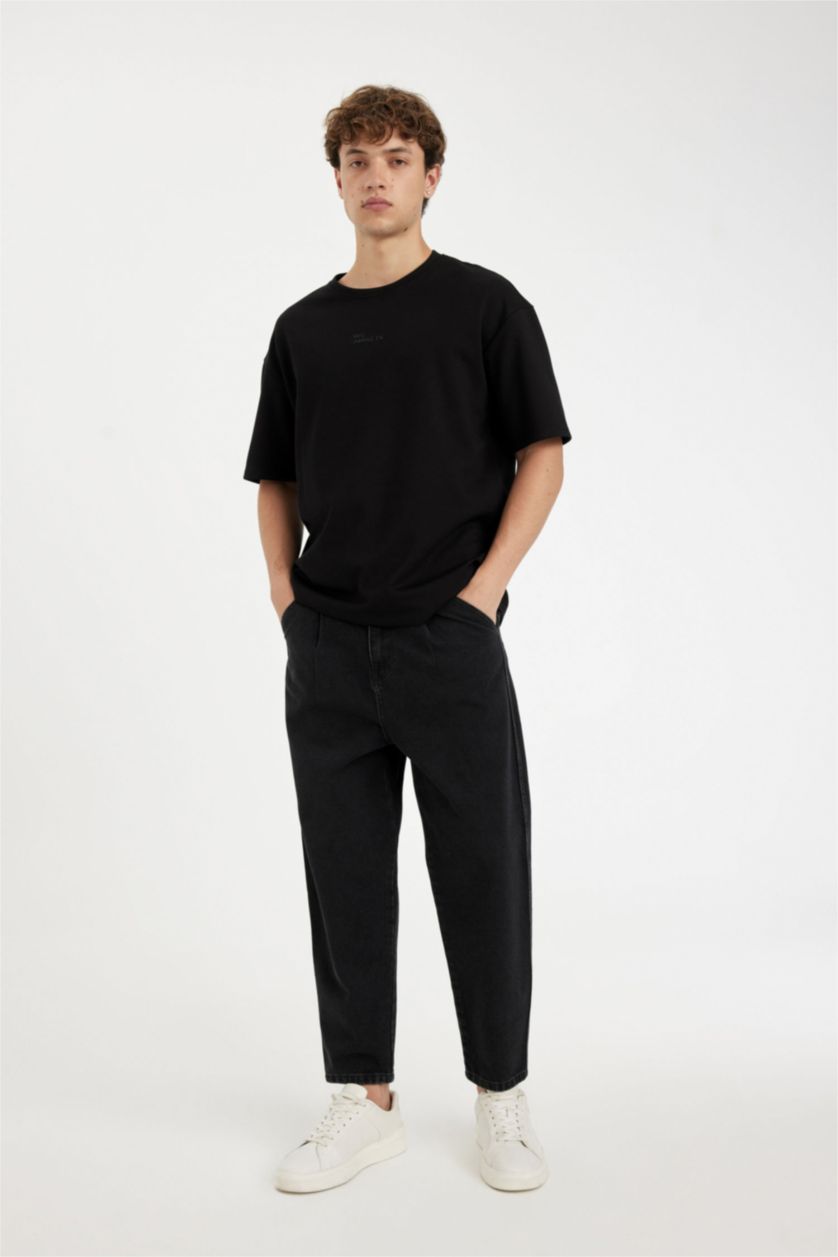 Erkek Siyah Comfort Regular Fit Rahat Kesim Bisiklet Yaka Ağır Kumaş Kısa Kollu Siyah Tişört