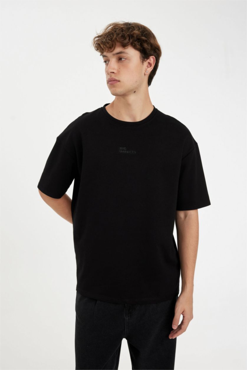 Erkek Siyah Comfort Regular Fit Rahat Kesim Bisiklet Yaka Ağır Kumaş Kısa Kollu Siyah Tişört