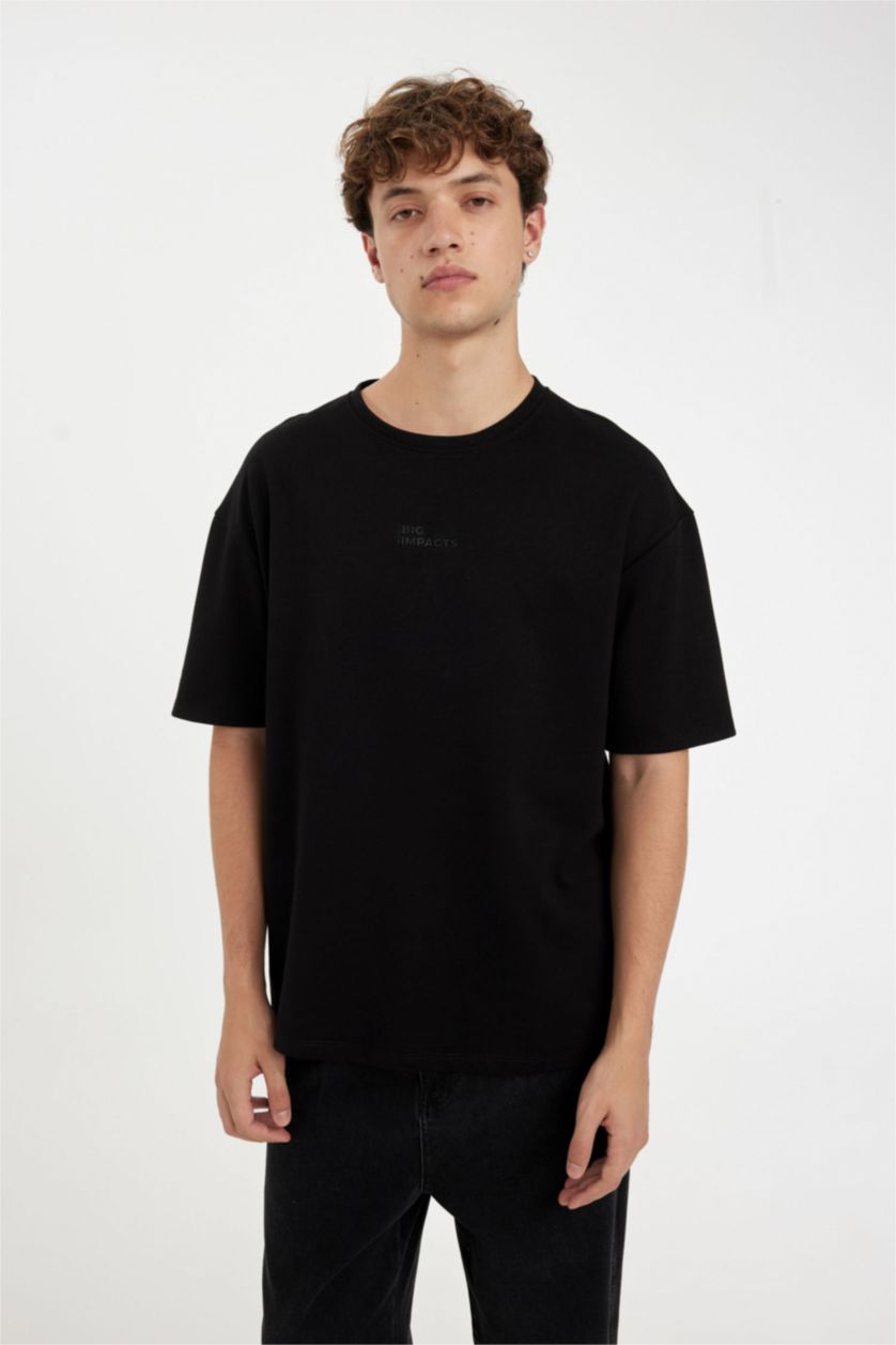 Erkek Siyah Comfort Regular Fit Rahat Kesim Bisiklet Yaka Ağır Kumaş Kısa Kollu Siyah Tişört