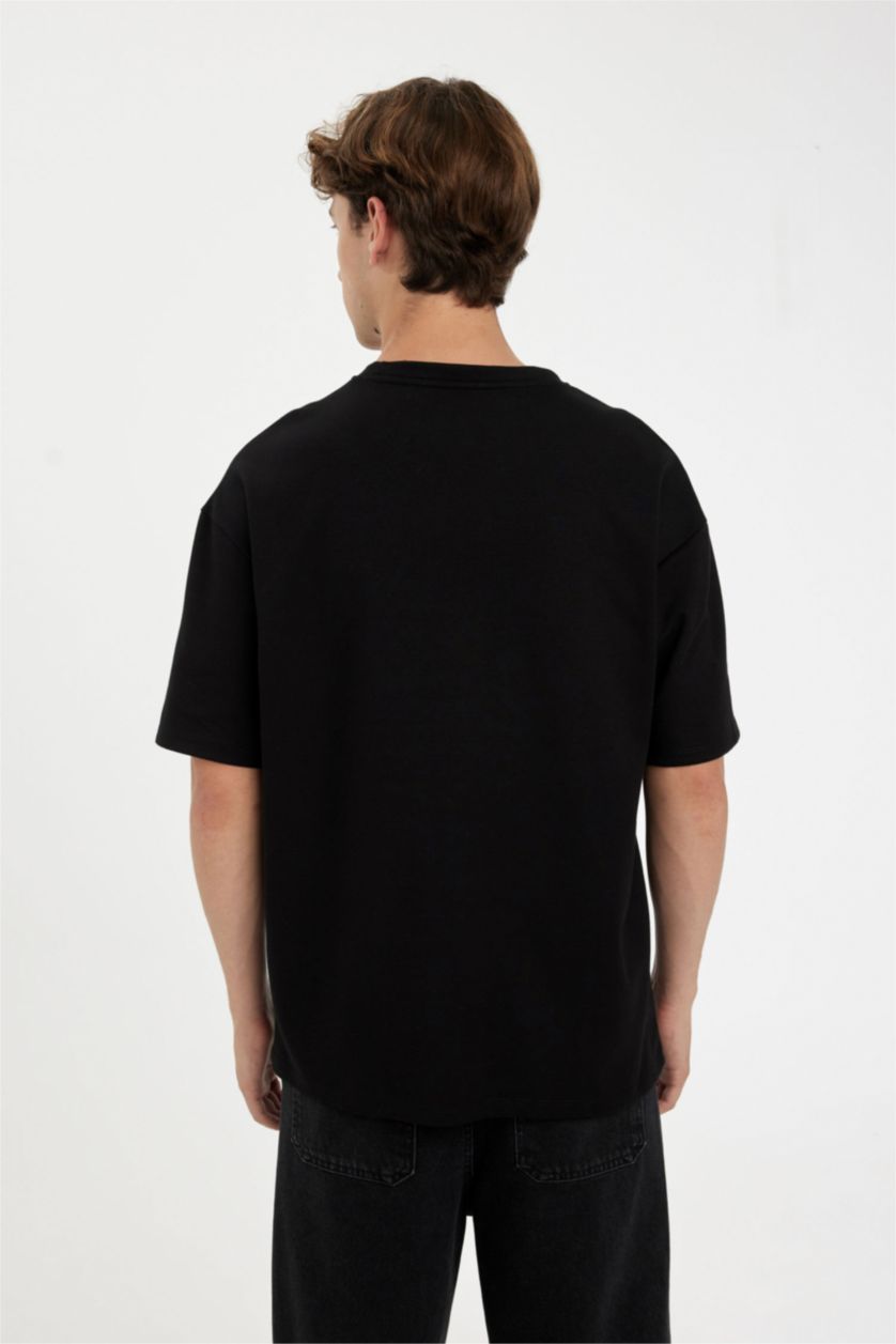 Erkek Siyah Comfort Regular Fit Rahat Kesim Bisiklet Yaka Ağır Kumaş Kısa Kollu Siyah Tişört