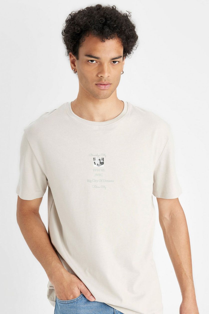 Erkek Taş %100 Pamuk Regular Fit Bisiklet Yaka Baskılı Kısa Kollu Tişört