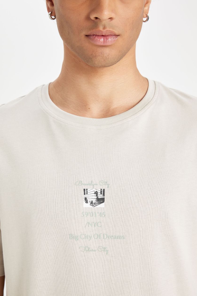 Erkek Taş %100 Pamuk Regular Fit Bisiklet Yaka Baskılı Kısa Kollu Tişört