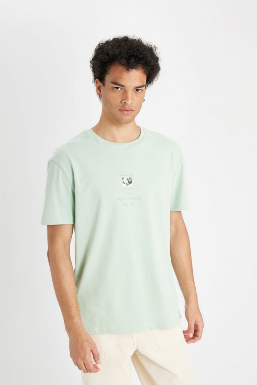 Erkek Mint %100 Pamuk Regular Fit Bisiklet Yaka Baskılı Kısa Kollu Tişört