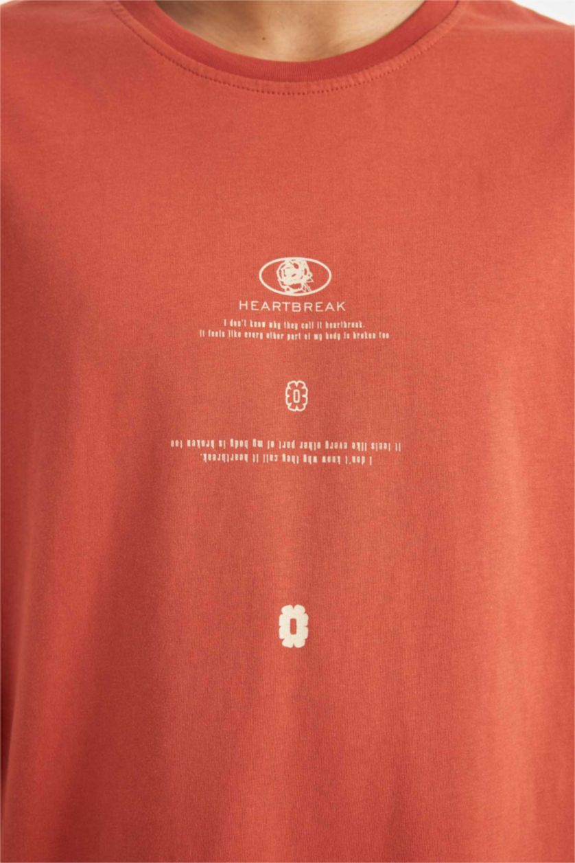 Erkek Kiremit %100 Pamuk Comfort Regular Fit Rahat Kesim Bisiklet Yaka Baskılı Kısa Kollu Tişört