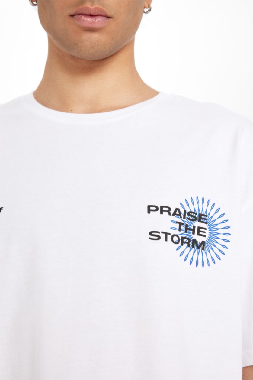 رجال أبيض تيشيرت نص ردن اوفر سايز بطبعة من الخلف