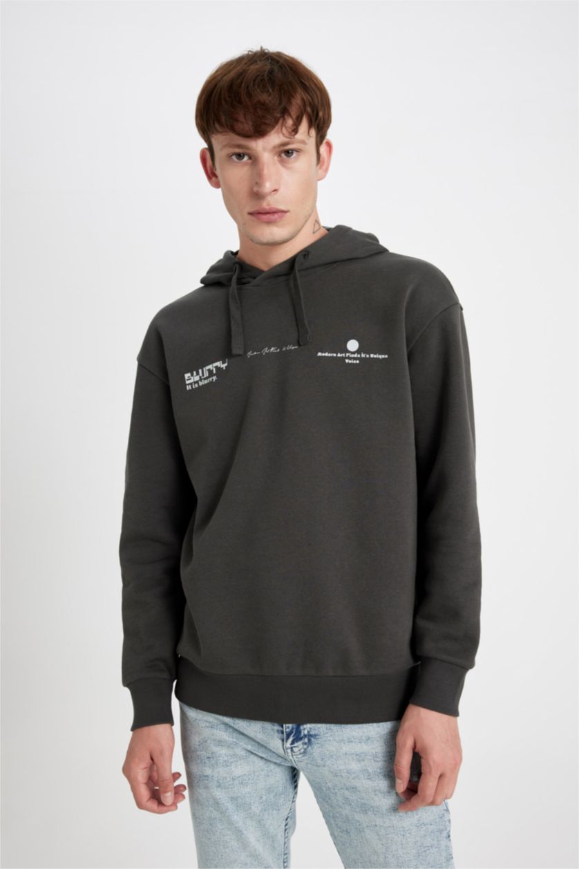 Erkek Antrasit Boxy Fit Kapüşonlu Sırt Baskılı Sweatshirt