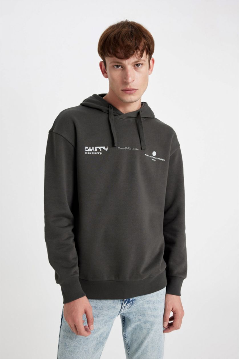 Erkek Antrasit Boxy Fit Kapüşonlu Sırt Baskılı Sweatshirt
