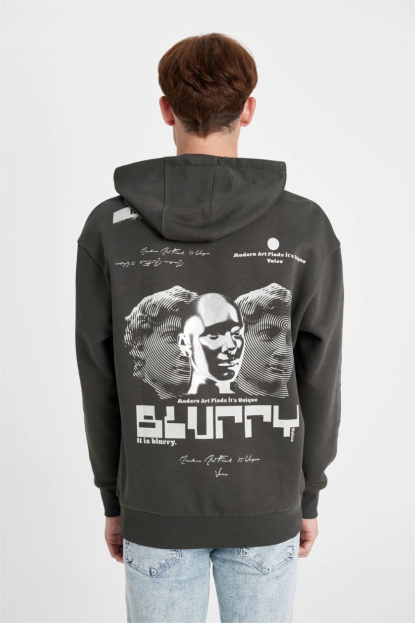 Erkek Antrasit Boxy Fit Kapüşonlu Sırt Baskılı Sweatshirt