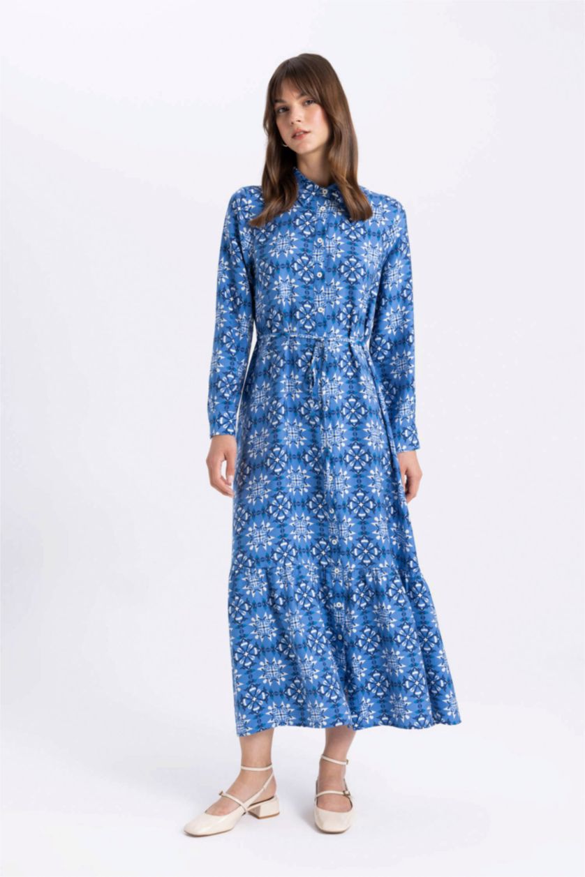 FEMME Bleu Clair Robe Tissée À Manches Longues Imprimé Col De Chemise