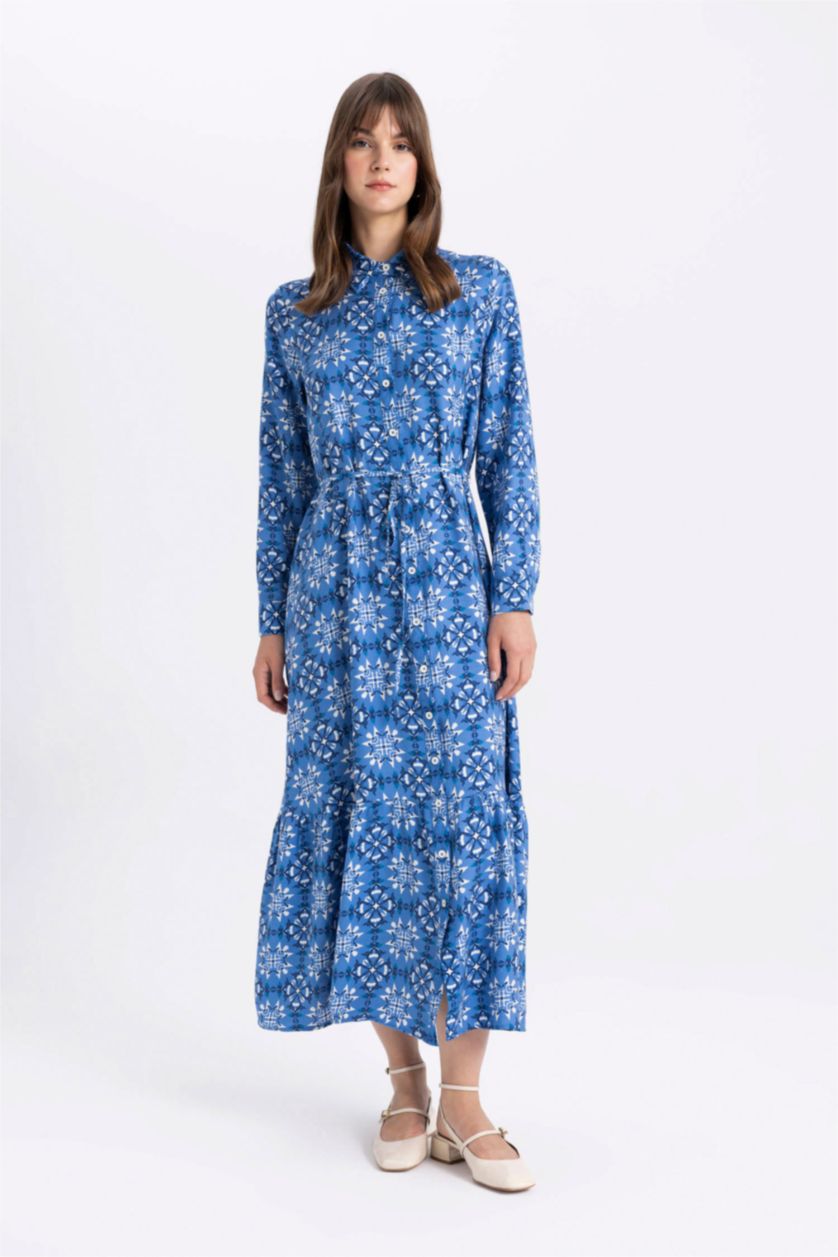 FEMME Bleu Clair Robe Tissée À Manches Longues Imprimé Col De Chemise