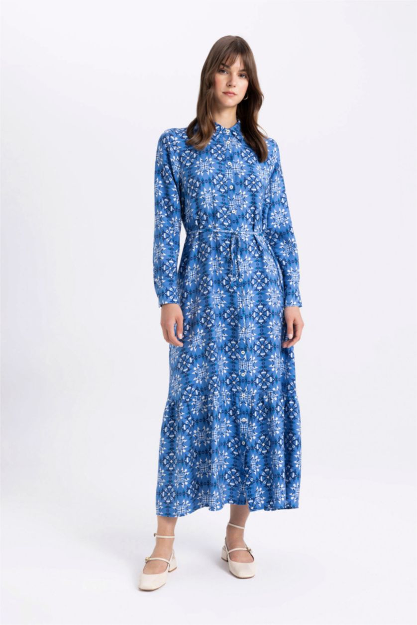 FEMME Bleu Clair Robe Tissée À Manches Longues Imprimé Col De Chemise