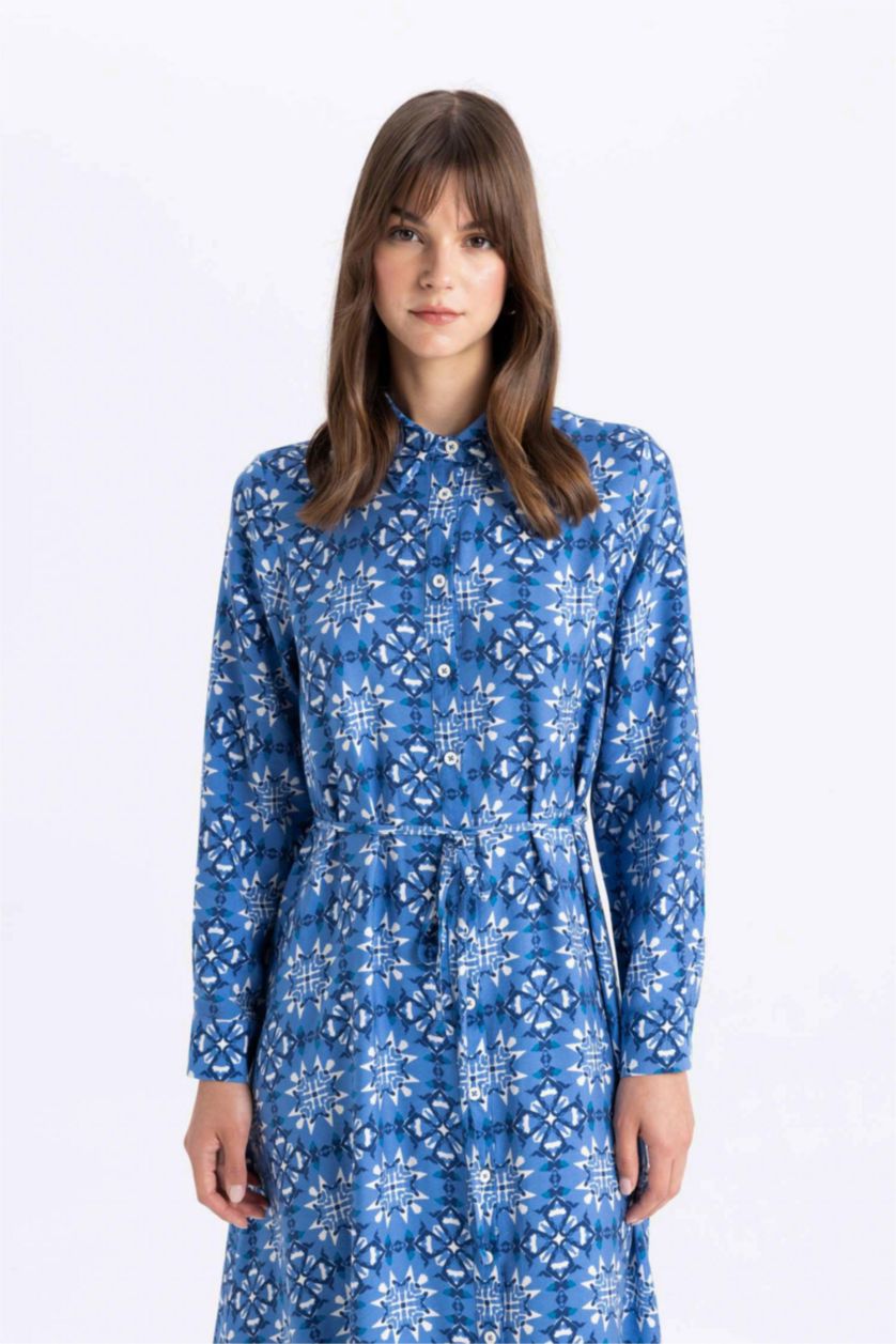 FEMME Bleu Clair Robe Tissée À Manches Longues Imprimé Col De Chemise