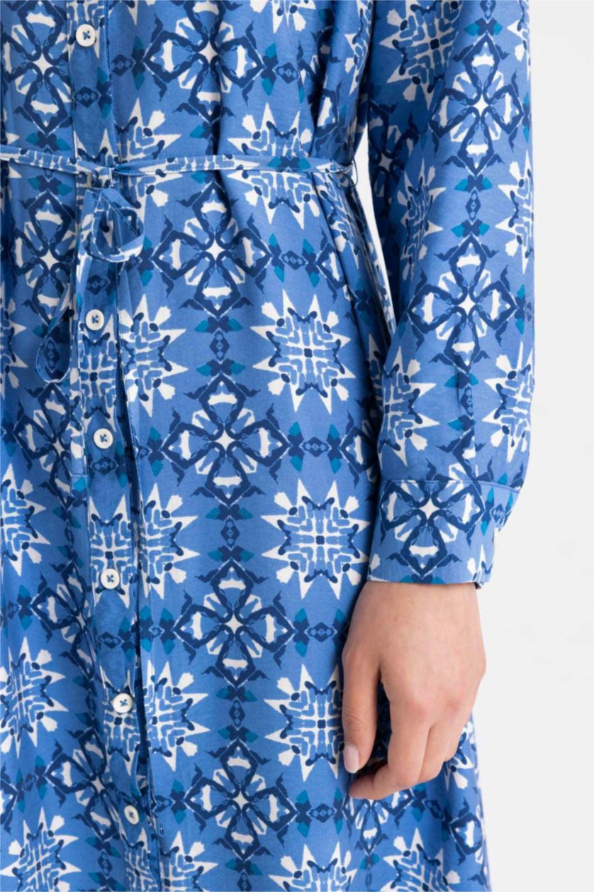 FEMME Bleu Clair Robe Tissée À Manches Longues Imprimé Col De Chemise