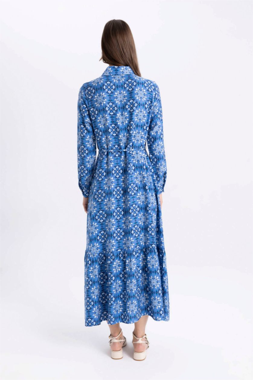 FEMME Bleu Clair Robe Tissée À Manches Longues Imprimé Col De Chemise