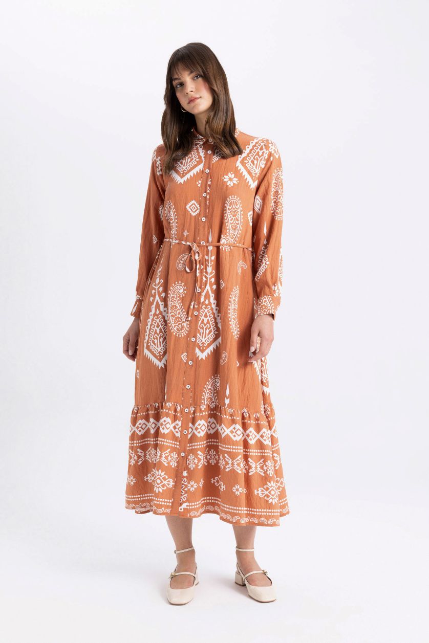 Woman Dark Orange Shirt Collar Patterned Long Sleeve Maxi Dress