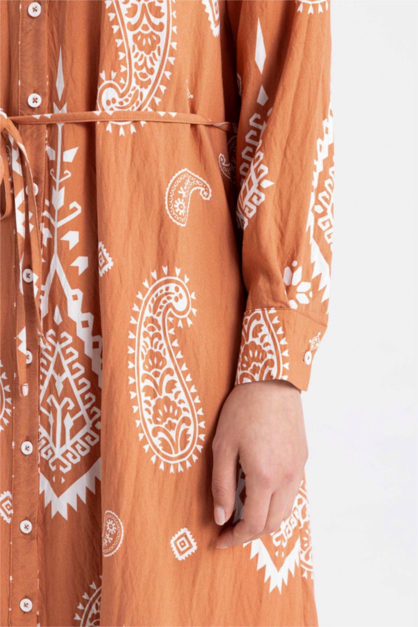 Woman Dark Orange Shirt Collar Patterned Long Sleeve Maxi Dress