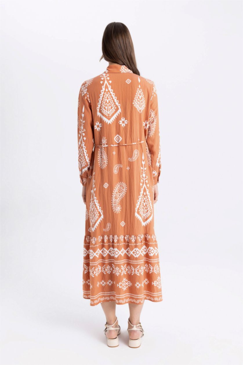 Woman Dark Orange Shirt Collar Patterned Long Sleeve Maxi Dress