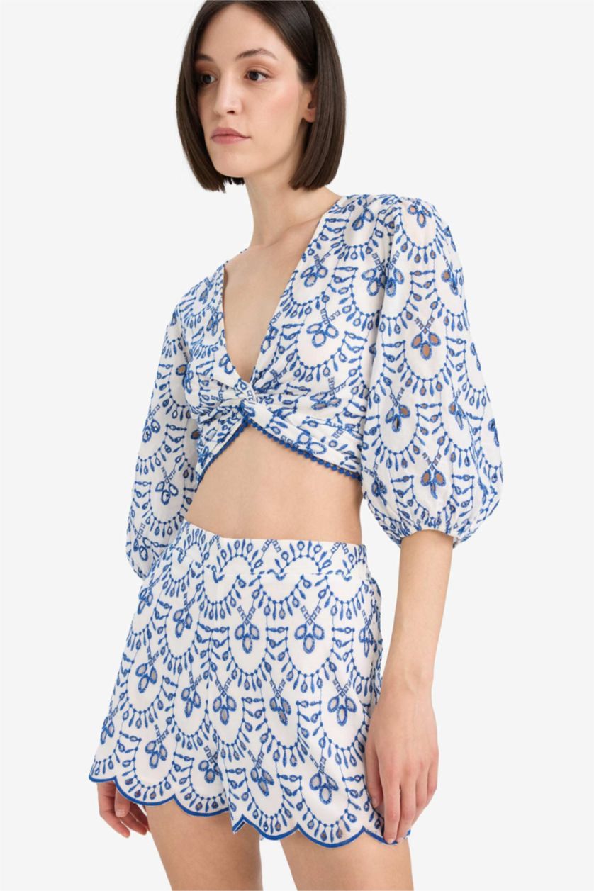 Kadın Saks Desenli Nakışlı Brode Plaj Üstü