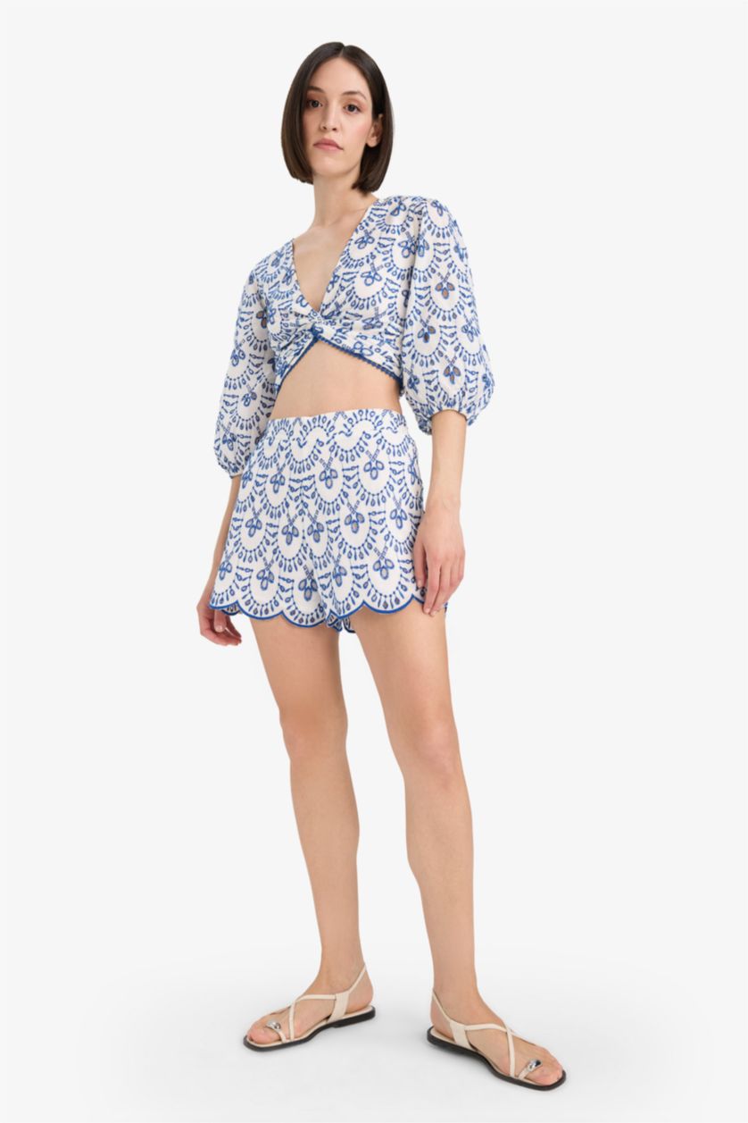 Kadın Saks Desenli Nakışlı Brode Plaj Üstü