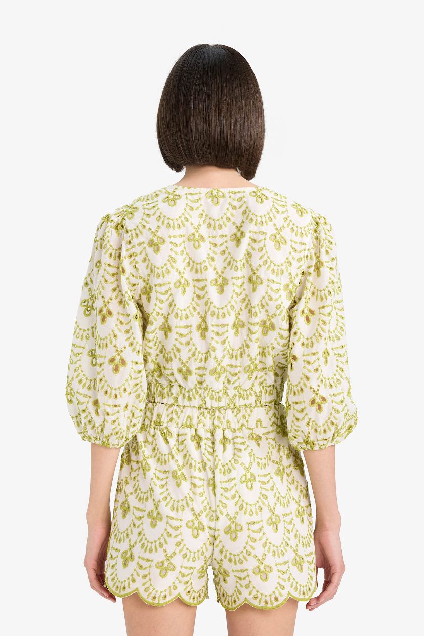 Kadın Ekru Desenli Nakışlı Brode Plaj Üstü-Fall in Love
