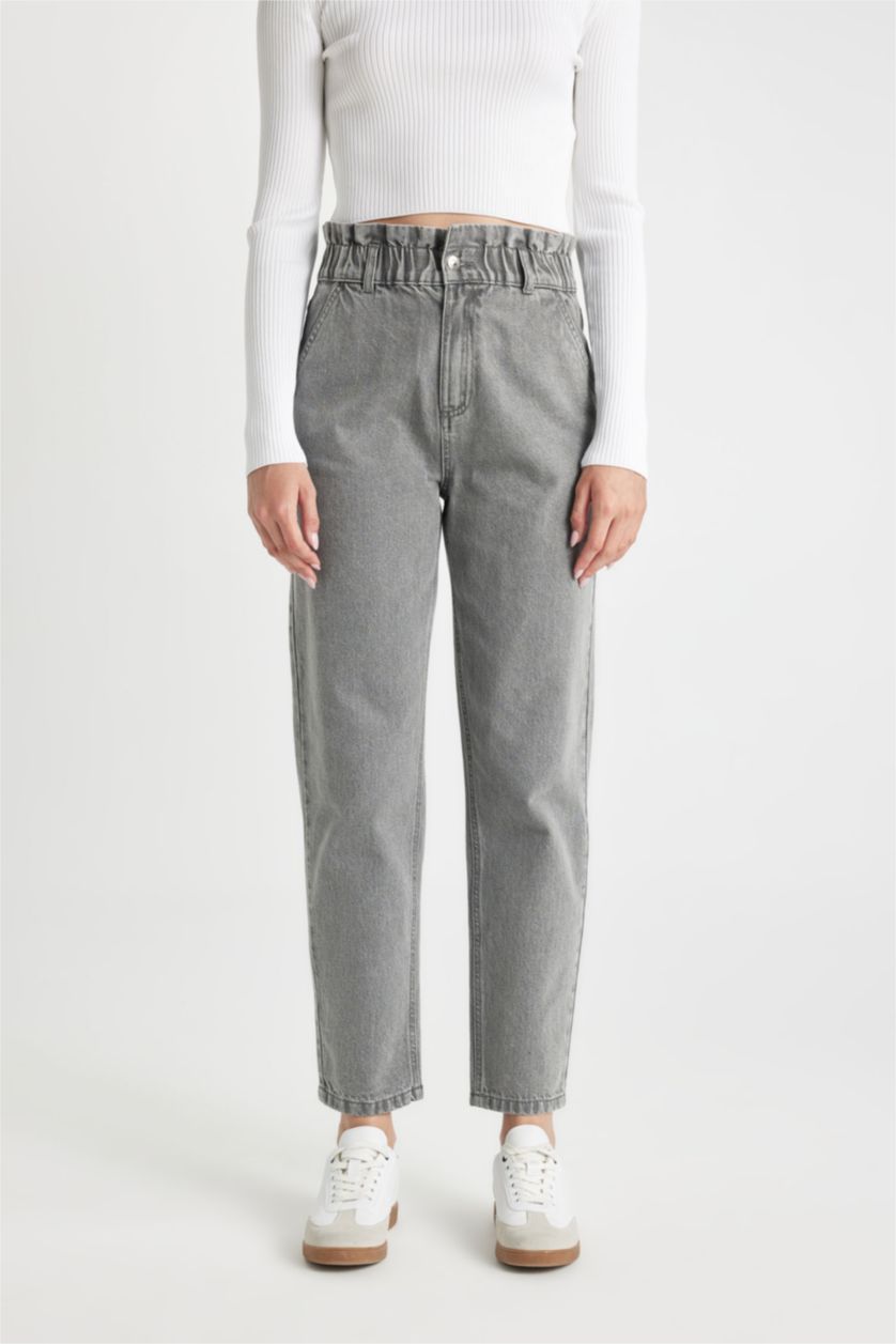 FEMME Gris Jean taille haute Coupe Paperbag