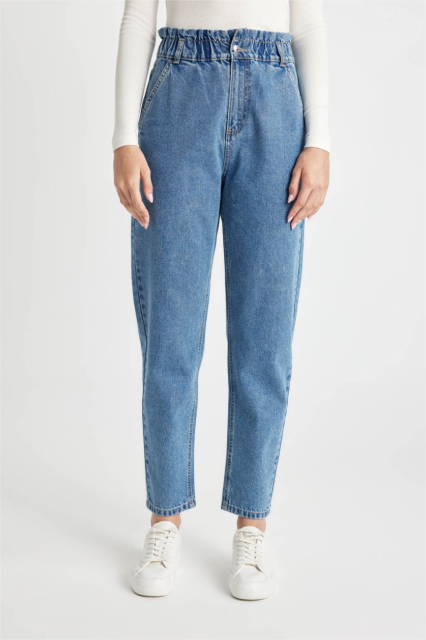 FEMME BLEU Clair Jean taille haute Coupe Paperbag