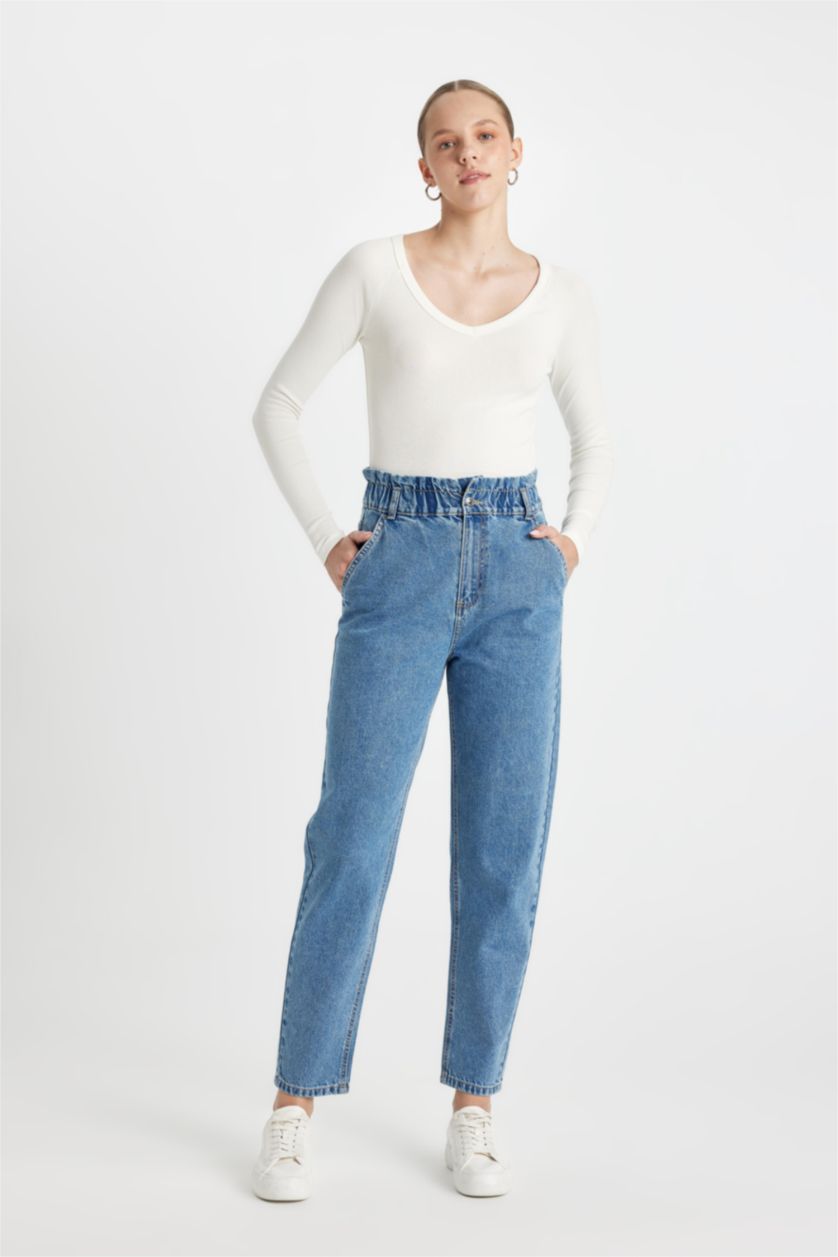 FEMME BLEU Clair Jean taille haute Coupe Paperbag