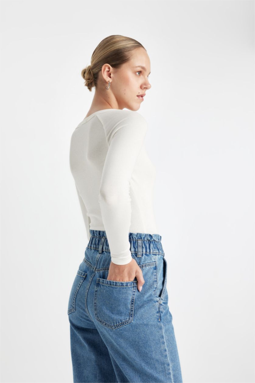 FEMME BLEU Clair Jean taille haute Coupe Paperbag