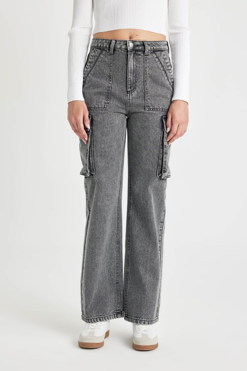 WOMAN Anthracite Wide Leg High Waist Long Washed Cargo Jeans