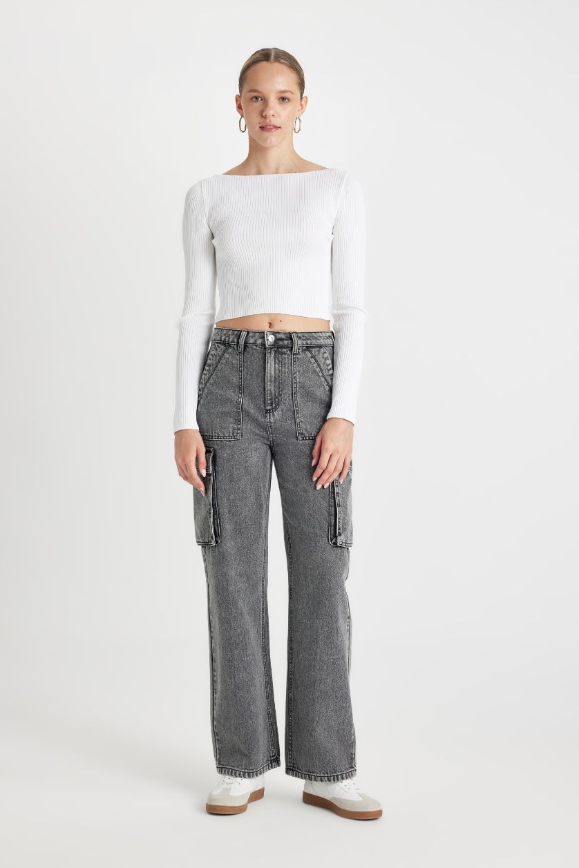 WOMAN Anthracite Wide Leg High Waist Long Washed Cargo Jeans