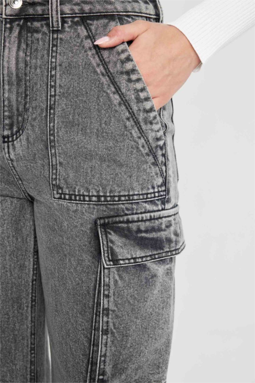 WOMAN Anthracite Wide Leg High Waist Long Washed Cargo Jeans