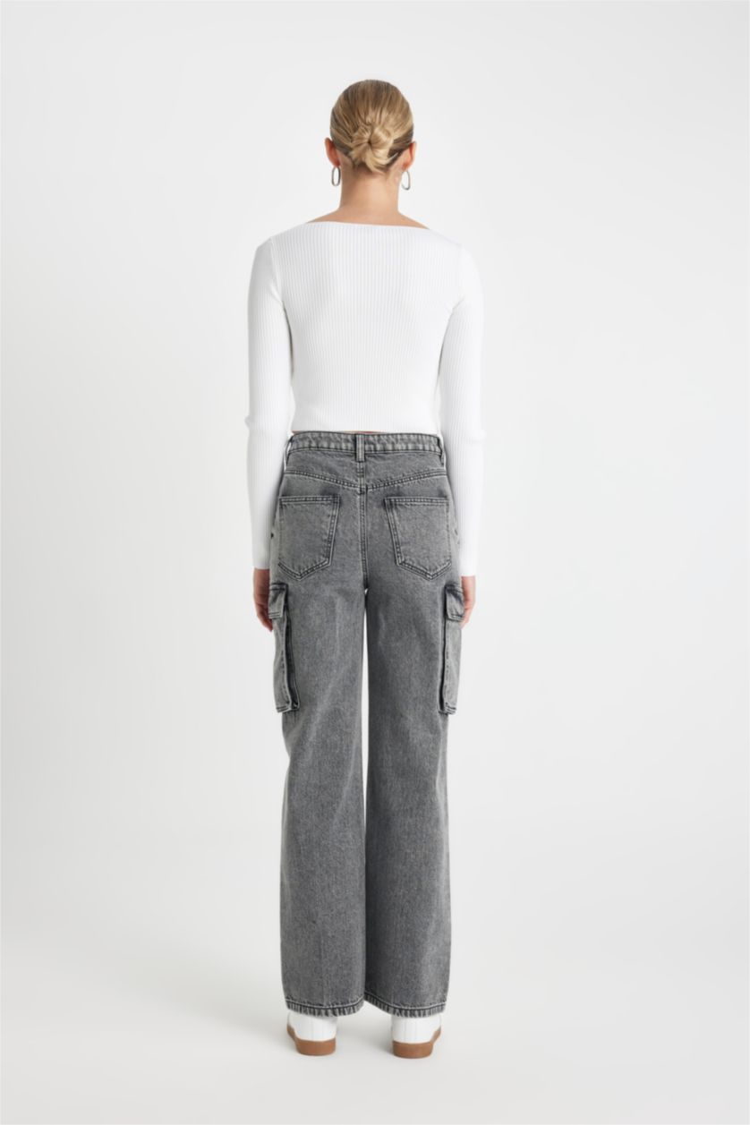 WOMAN Anthracite Wide Leg High Waist Long Washed Cargo Jeans